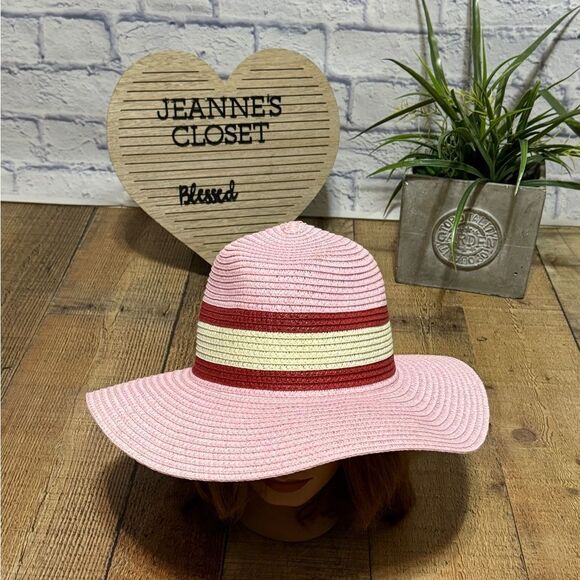 HAT JUICY COUTURE WOVEN RAFFIA FLOPPY SUN FOLDABLE PACKABLE PINK RED WHITE - Picture 1 of 11